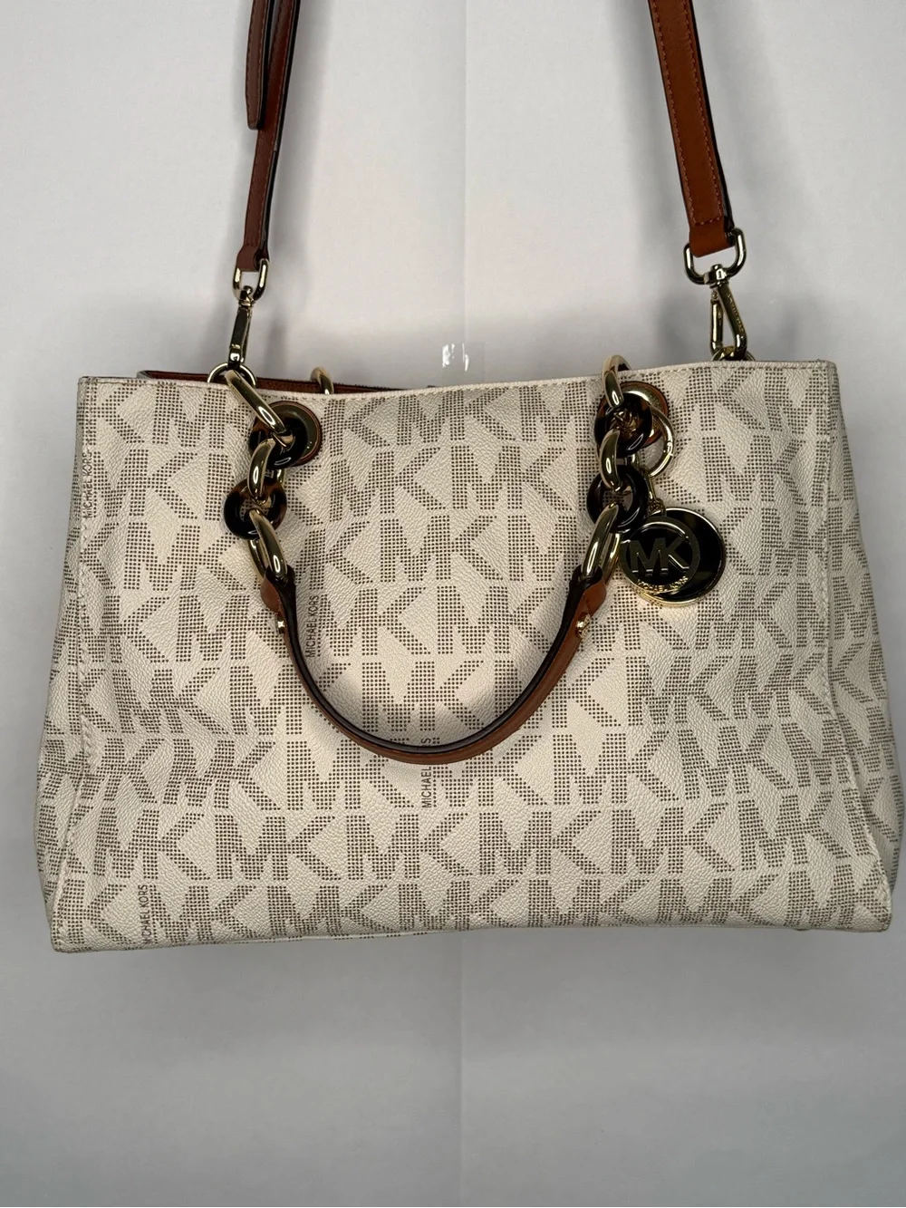 Michael Kors Cream Logo Tote with Brown Leather Straps